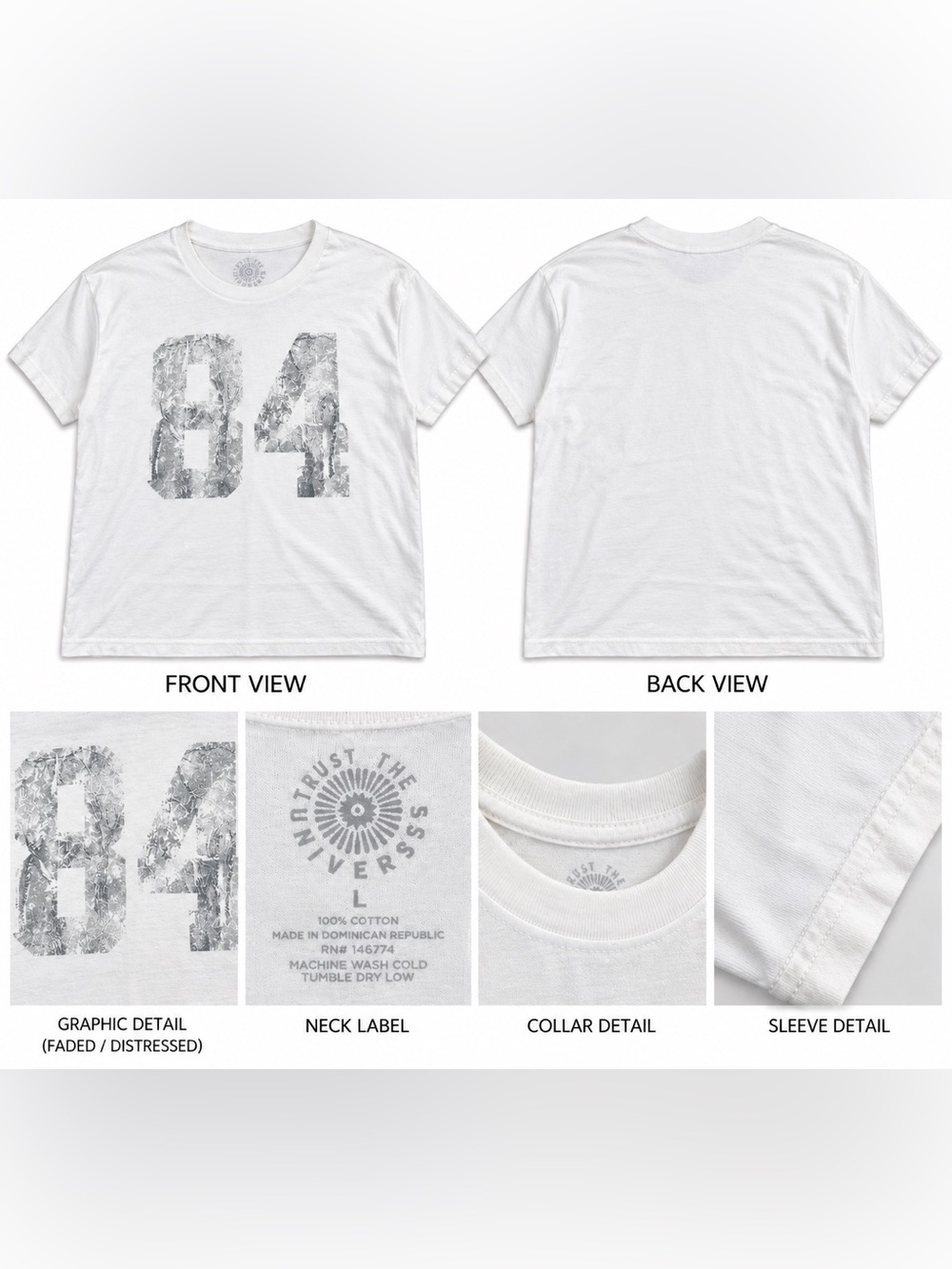 Trust The Universe Womenโs Large White Oversized 84 Graphic T-Shirt Nature Camo